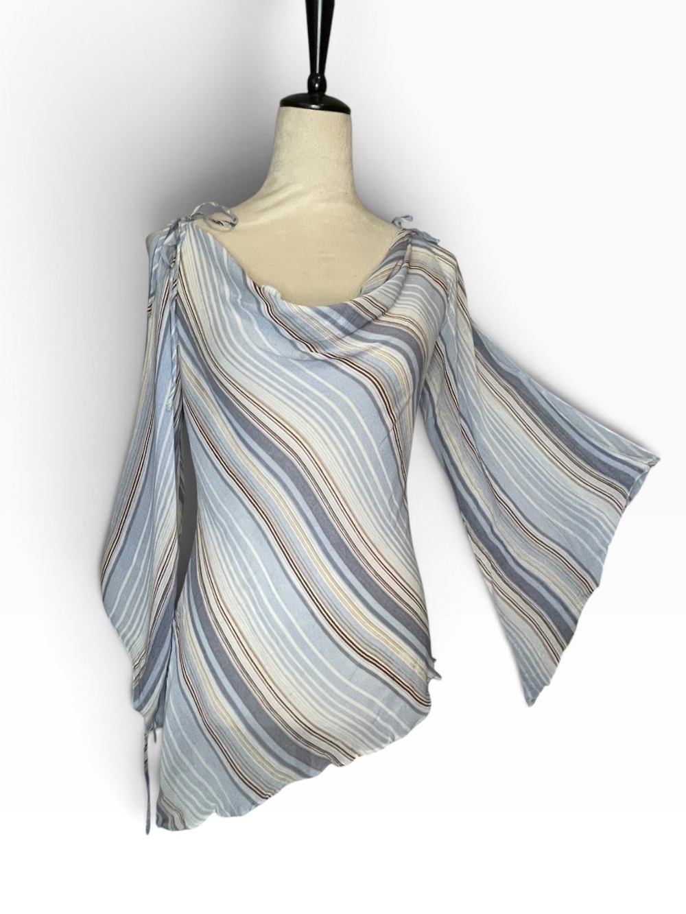 Vintage Angie Y2K Blue Striped Cowl Neck Bell Sleeve Asymmetrical Top Small